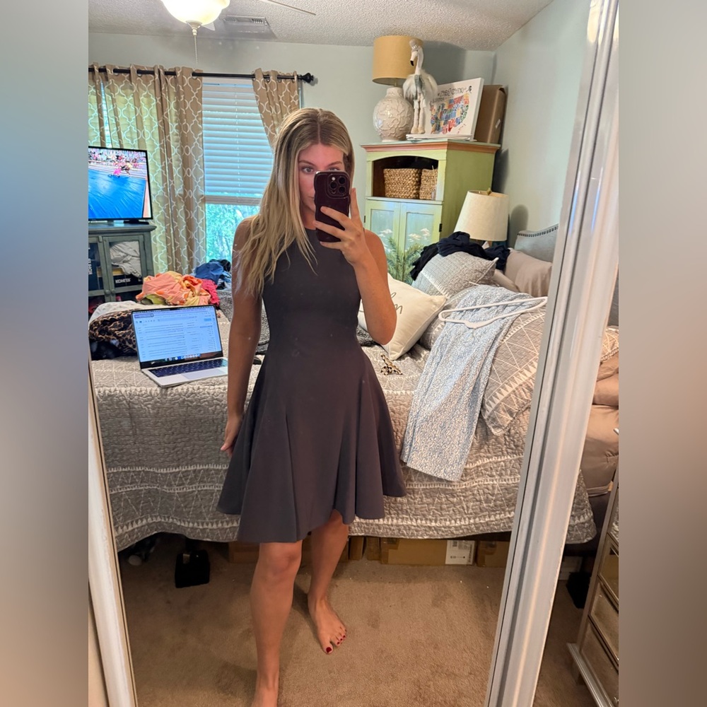 SAKS sleeveless crew neck dress in charcoal